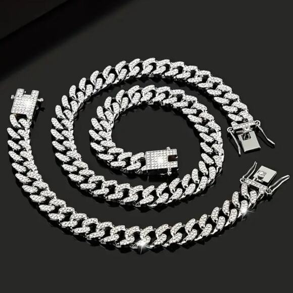 Iced Out Silver Plated Cuban Necklace & Bracelet Set THICK 12mm Miami Bling NEW